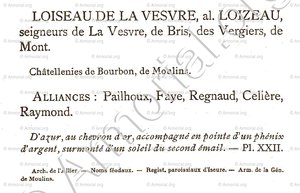 LOISEAU de LA VESVRE alias LOIZEAU notice Armorial du Bourbonnais +